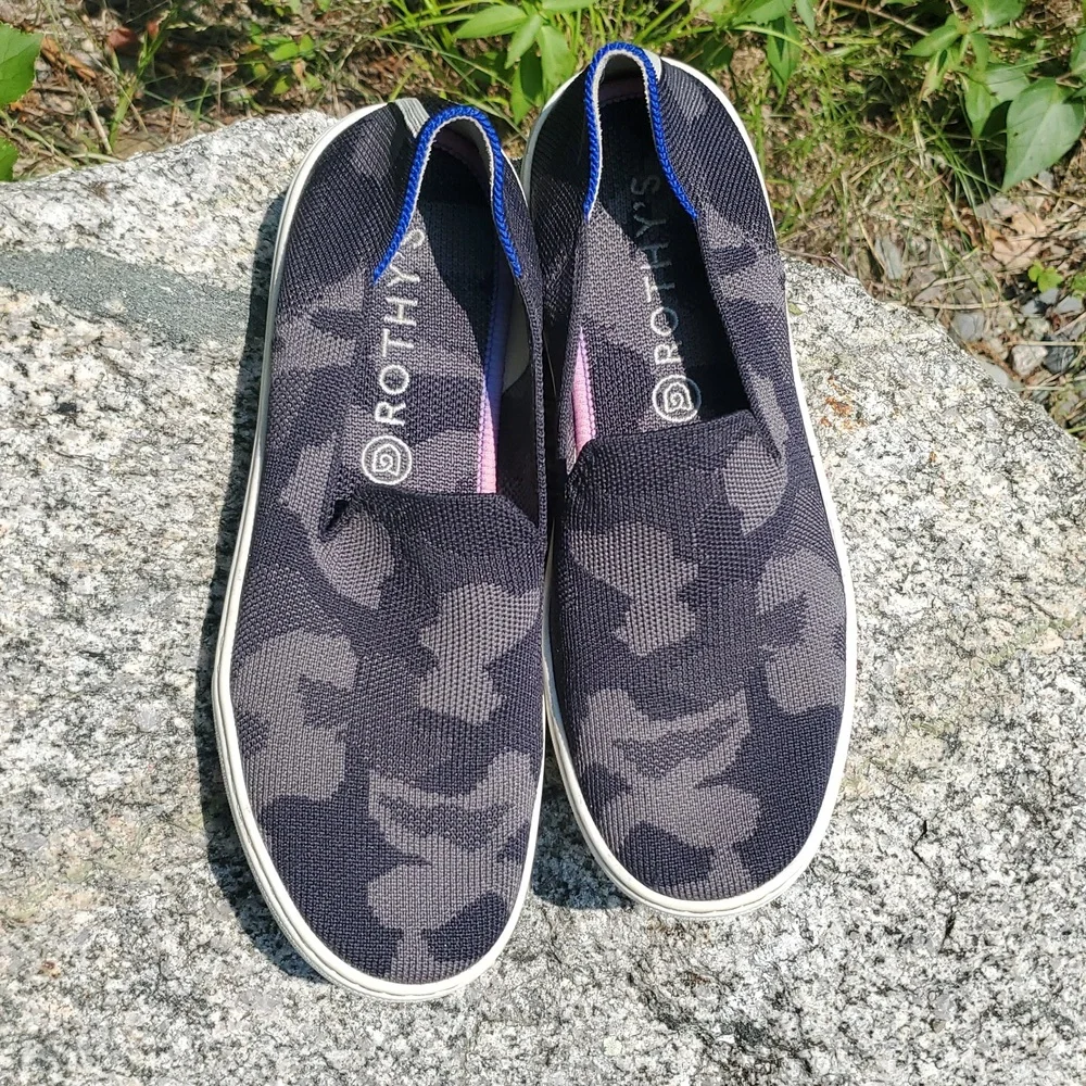 Rothy's Black and Blue Sneakers with Modern Camo Design Size 7
